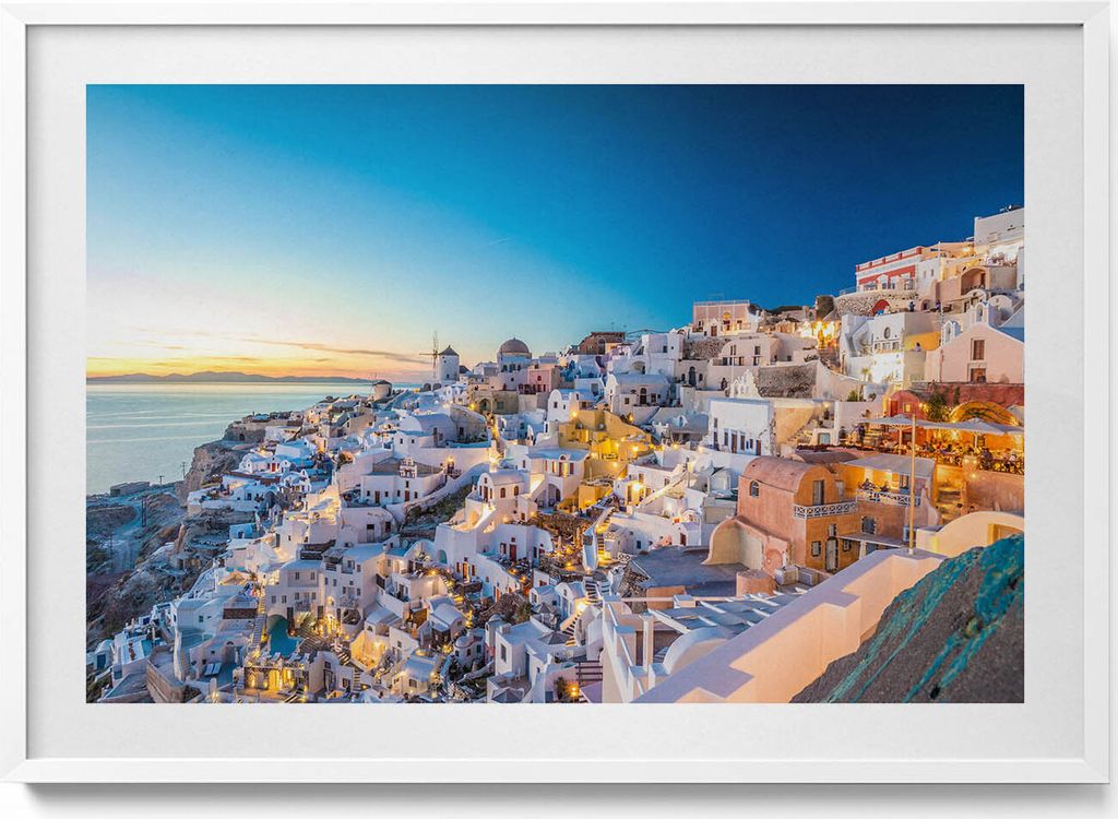 Sonnenuntergang auf Santorin– Wandbild mit Rahmen – Gerahmtes Bild – Wanddekoration – 100x70 cm – Weiß Rahmen