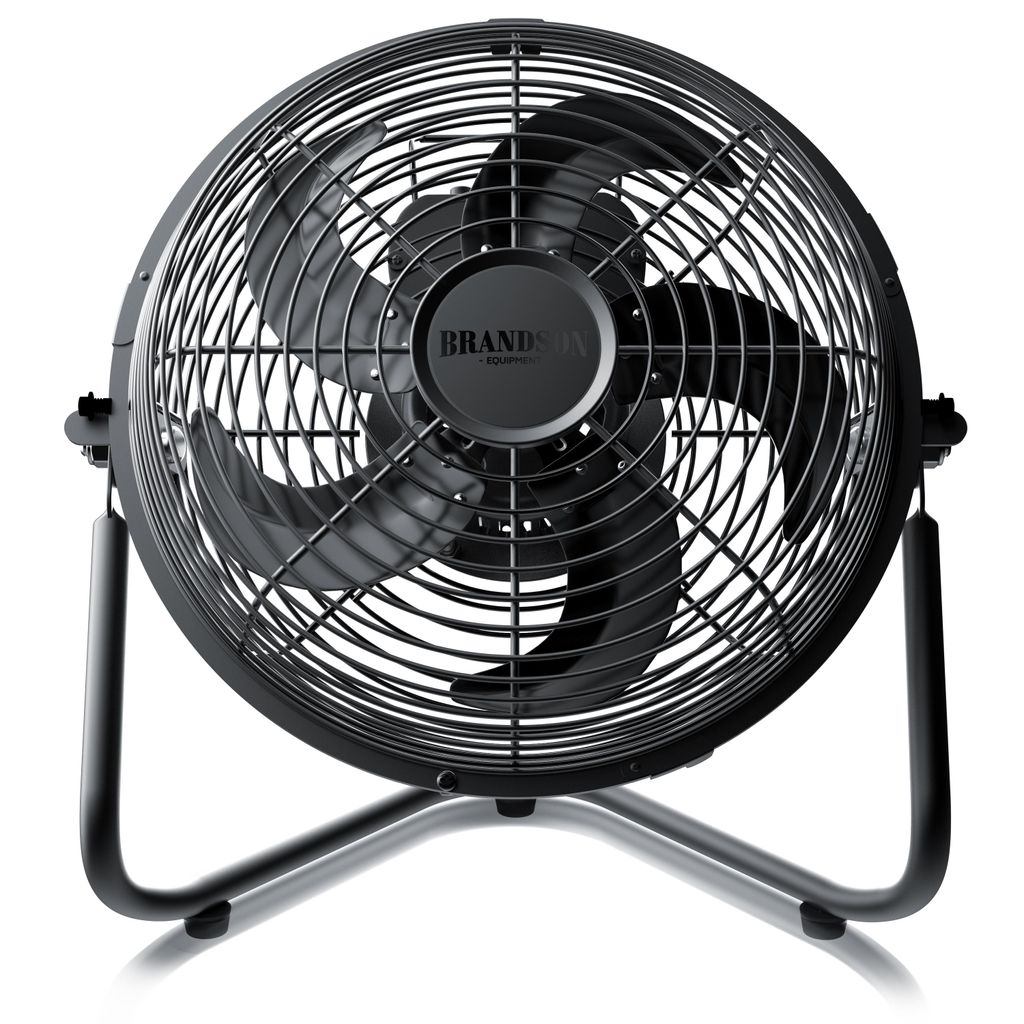 A black floor fan with a retro design is shown against a white background.