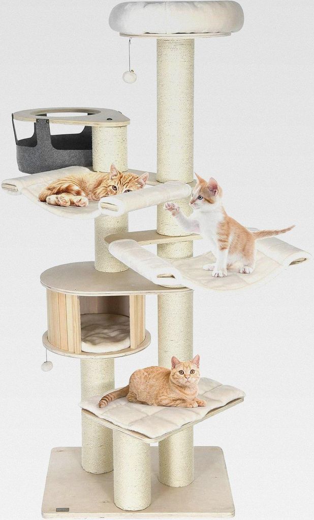 Kratzbaum aus Holz, 197 cm Katzenbaum mit Hängekorb, Plüschbällen, Hängematten, Hochsitz, Katzenhaus & Sisalpfosten, 7-stufiger Luxus-Katzentur...