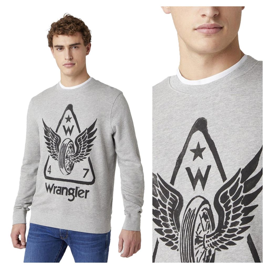 WRANGLER Herren, Sweatshirt GRAPHIC CREW MID, L, Grau, ralph, lauren, pullover