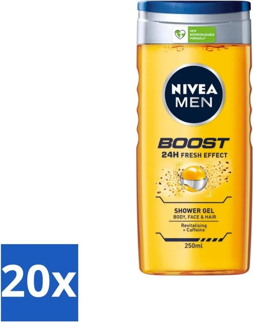 NIVEA Men Boost Shower Gel 20x250ml - Fresh Effect 24h - Stock Uomo