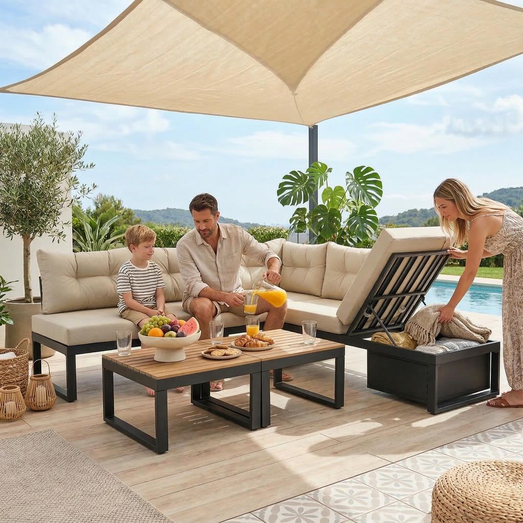 LVHOM Gartenlounge Set mit Liegefunktion, Gartenmöbel Set mit Stauraum, L-Form Outdoor Sofa aus Metall, Ecklounge mit Kissen und Couchtische, Beige