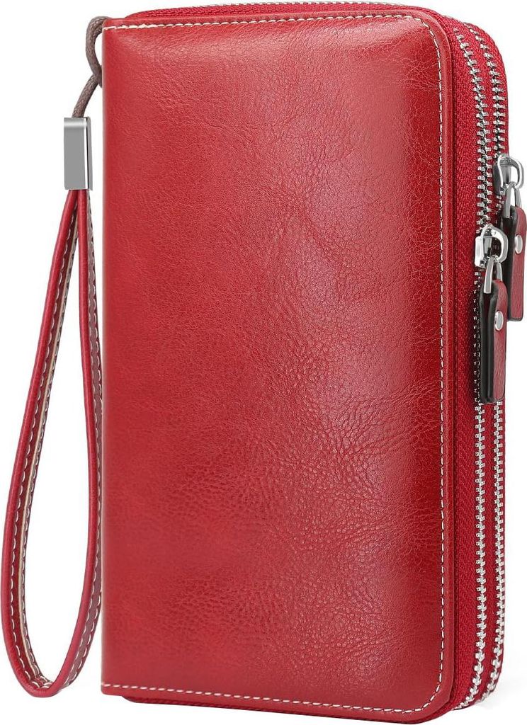 MODFU Geldbörse Damen groß im Langformat, Portemonnaie mit RFID, und mit Reißverschluss Druckknopf und vielen Fächern Rot