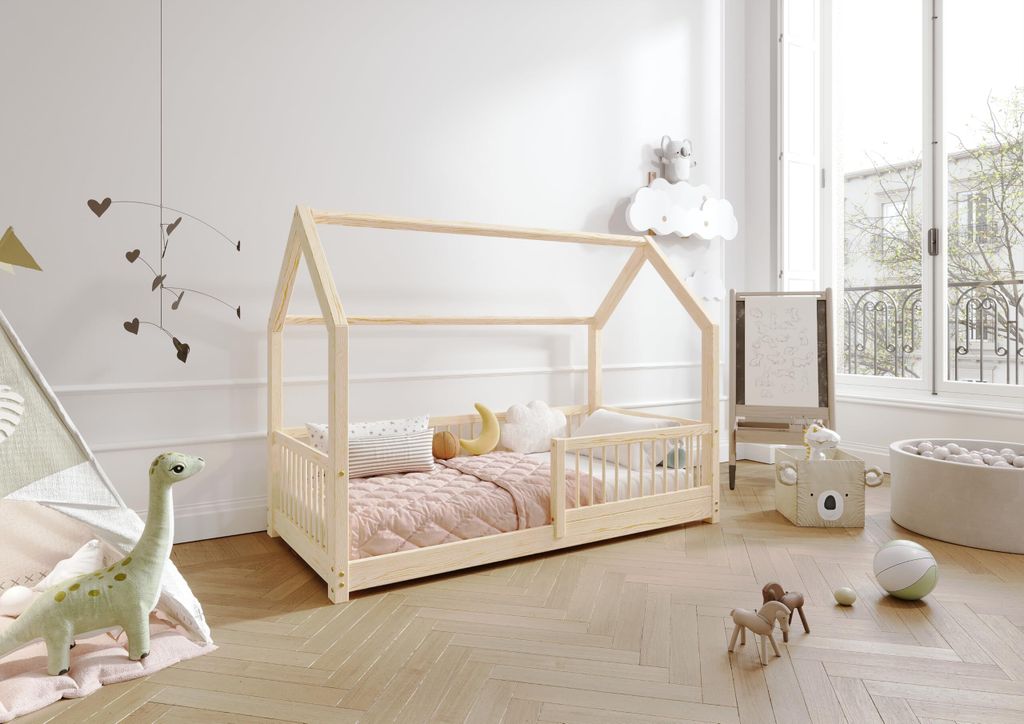 TIMBEE ZOJA Hausbett Kinderbett Holz Kinderzimmer Bett - Unlackiert - 100x200 - 3cm Beine