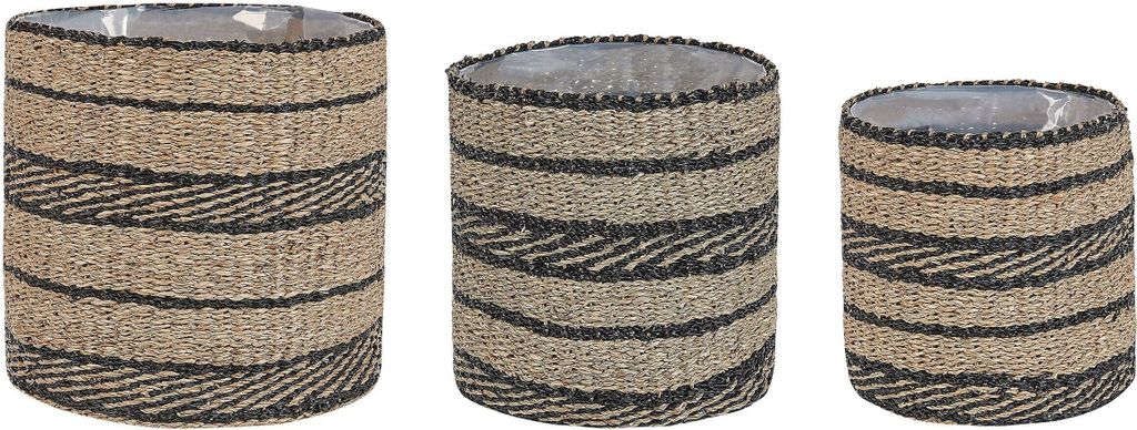 BELIANI Pflanzkorb Natürlich Seegras 3er Set Rund Handgeflochten mit Folie Verschiedene Höhen Boho Gartenaccessoires Gartenzubehör Gartendekoration