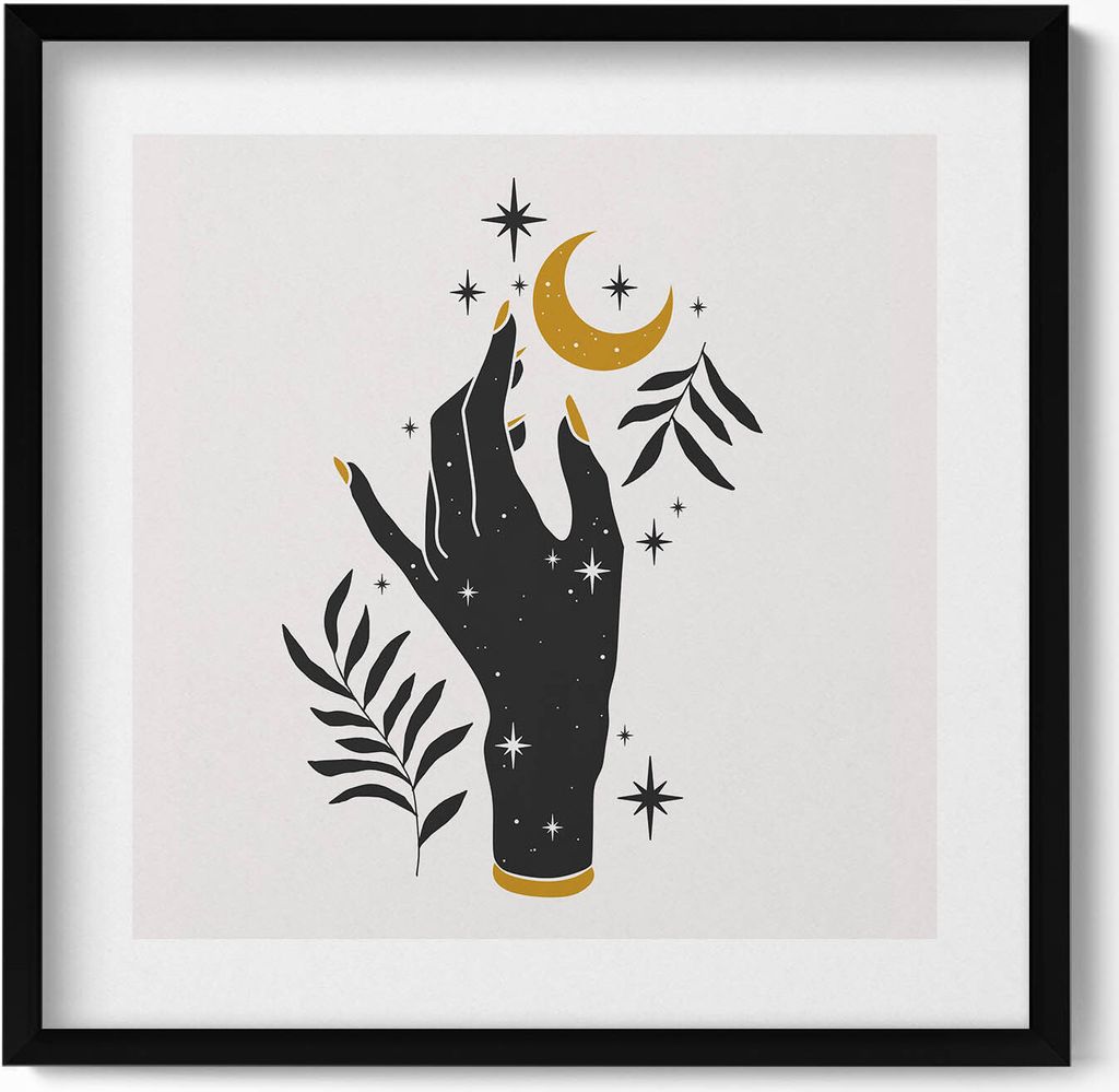 Illustration einer Frauenhand und Sterne– Wandbild mit Rahmen – Gerahmtes Bild – Wanddekoration – 50x50 cm – Schwarz Rahmen