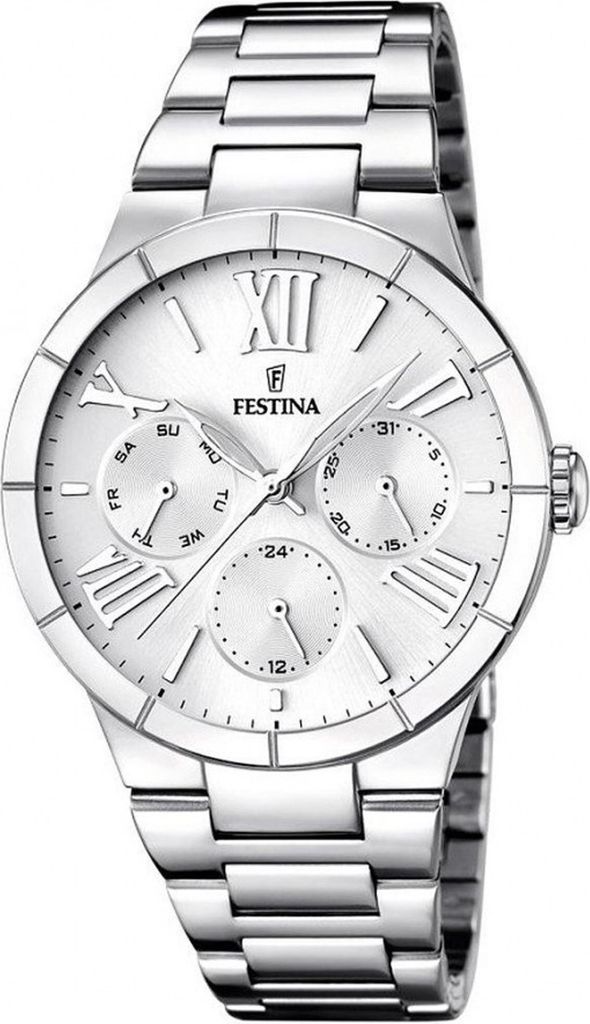 A close-up studio shot of a silver Festina watch with a white dial.