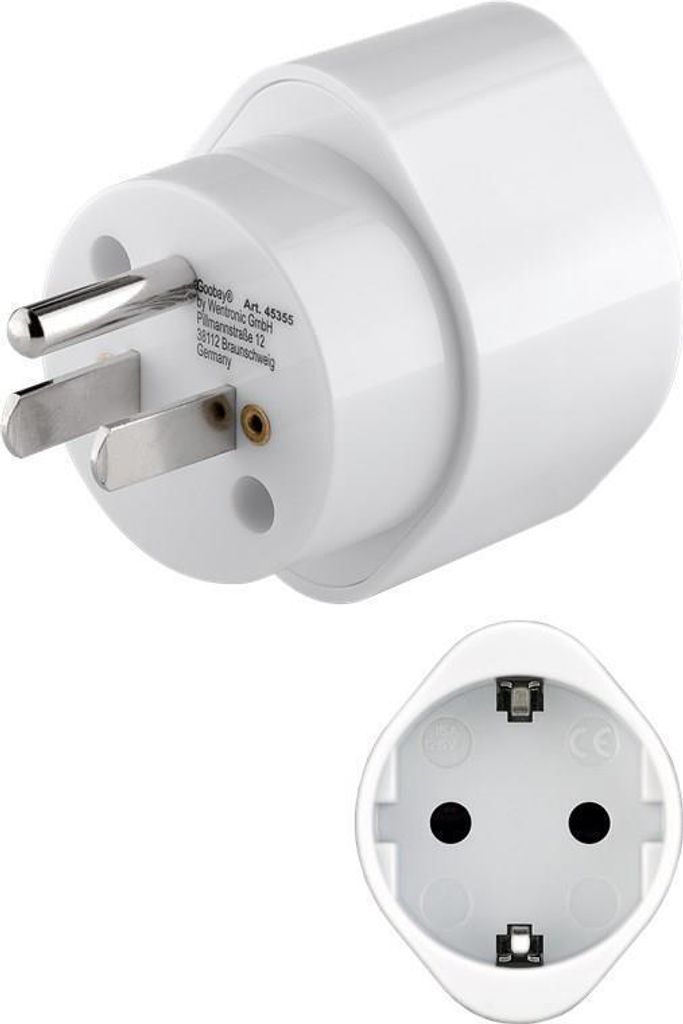 A white electrical adapter with US/Japan plug prongs on one side and a European socket on the other, shown from two angles.