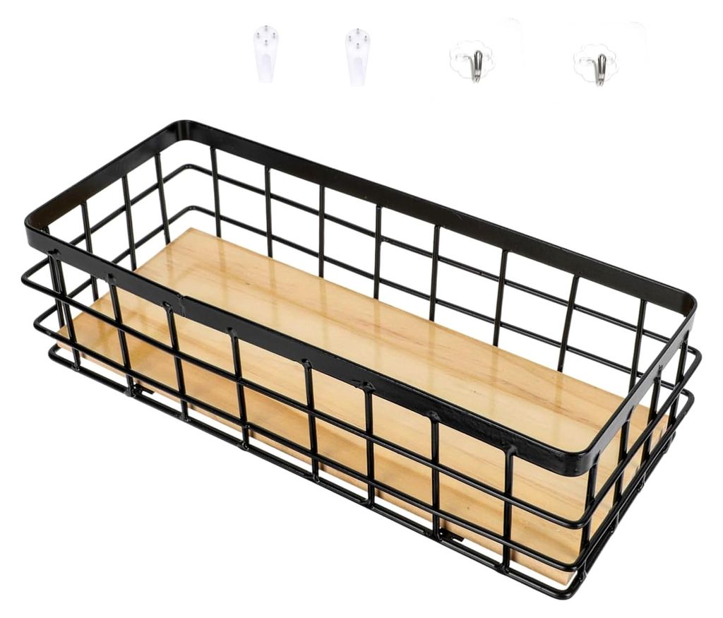 Robuster Wandkorb aus Eisen mit Holzbrett – Dekorativer Aufbewahrungskorb zum Hängen als Desktop-Organizer für Bad und Küche im modernen Design