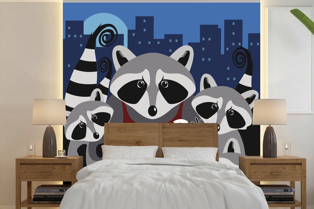 MuchoWow Fototapete für Wohnzimmer oder Schlafzimmer Wandtapete Vinyl Motivtapete Illustration von Waschbären um eine Mülltonne - 350x350 cm -...