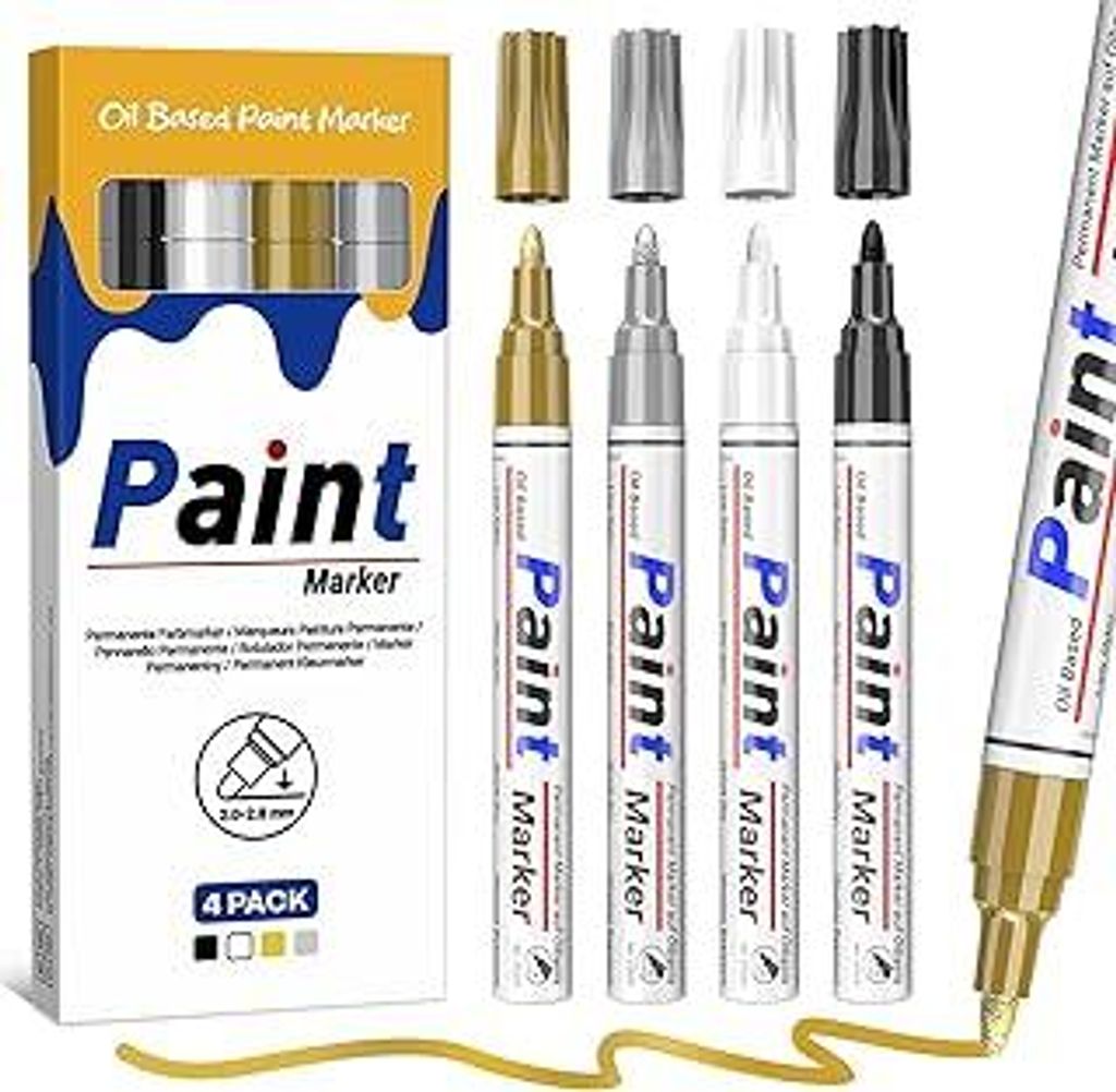 Permanent Marker Wasserfest Stifte, 4 Farben Lackstift Glasmalstifte 2-2,8 mm mittlere Spitze Permanentmarker für Steine Bemalen, Glas, Kunststoff...