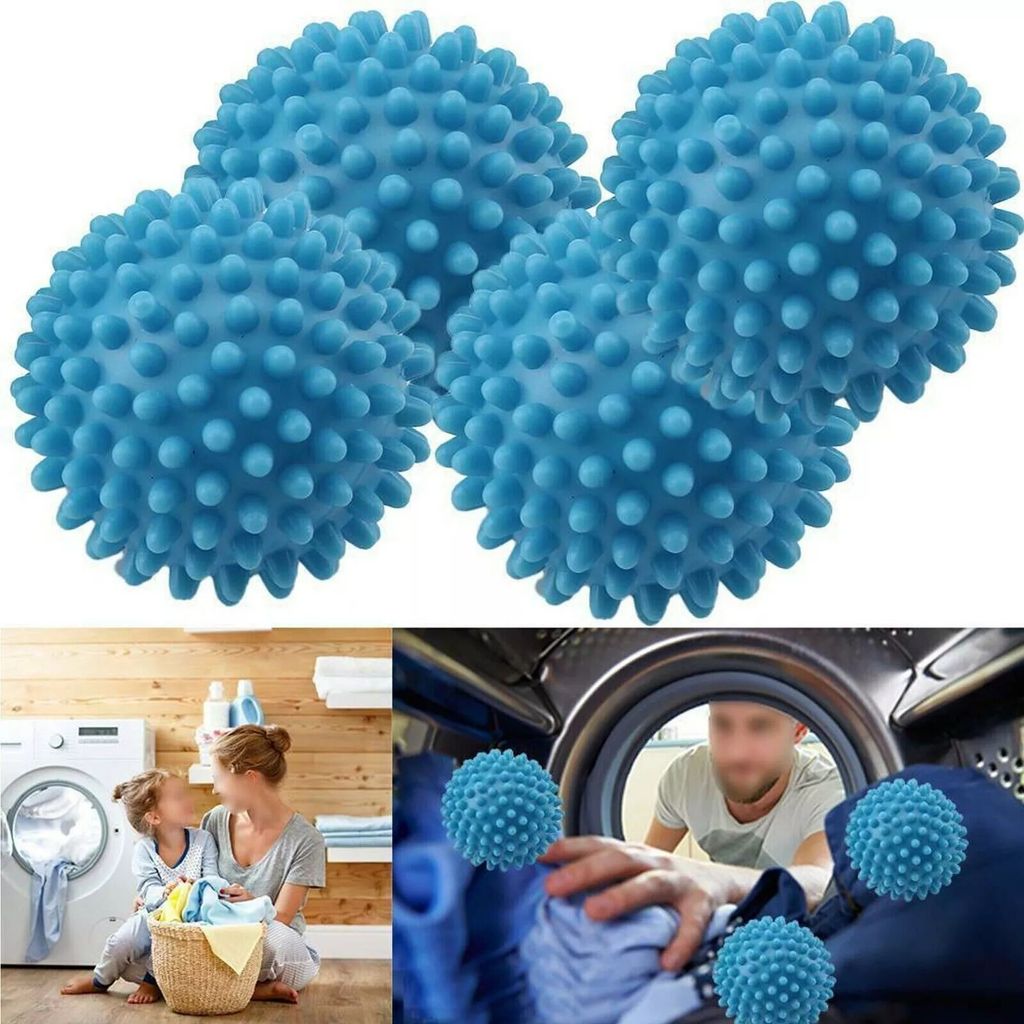 A collage showing blue dryer balls, a mother and child doing laundry, and a person loading laundry into a washing machine.