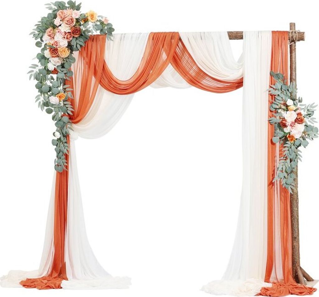 Hochzeitsbogen Deko Set mit Blumen - Traubogen mit 2x Blumenarrangements und 3x orange Vorhänge - Ideal für Hochzeit und Veranstaltungen