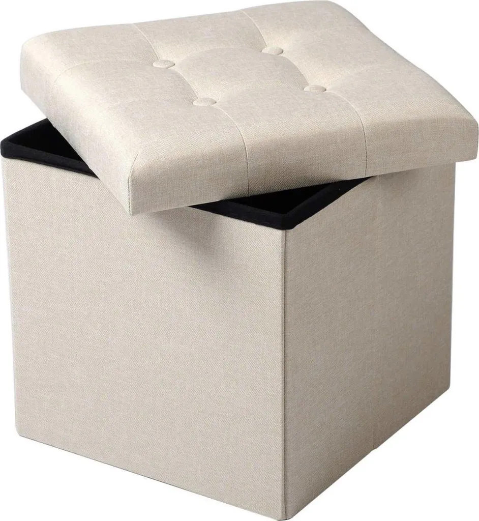 Happyment Tabouret Crème avec Rangement et Couvercle Tissu 50x35x45 cm