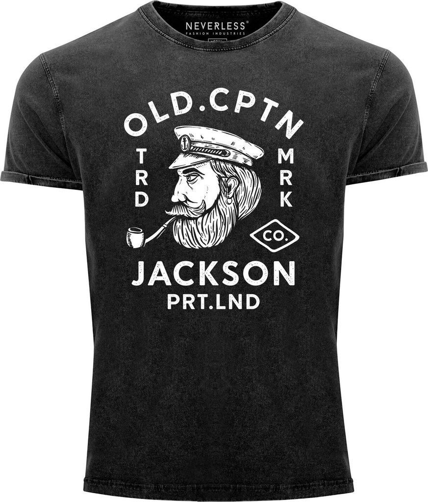 Herren Vintage Shirt Kapitän Motiv Aufdruck Old Cptn Jackson Retro Printshirt Used Look Slim Fit Neverless schwarz XL