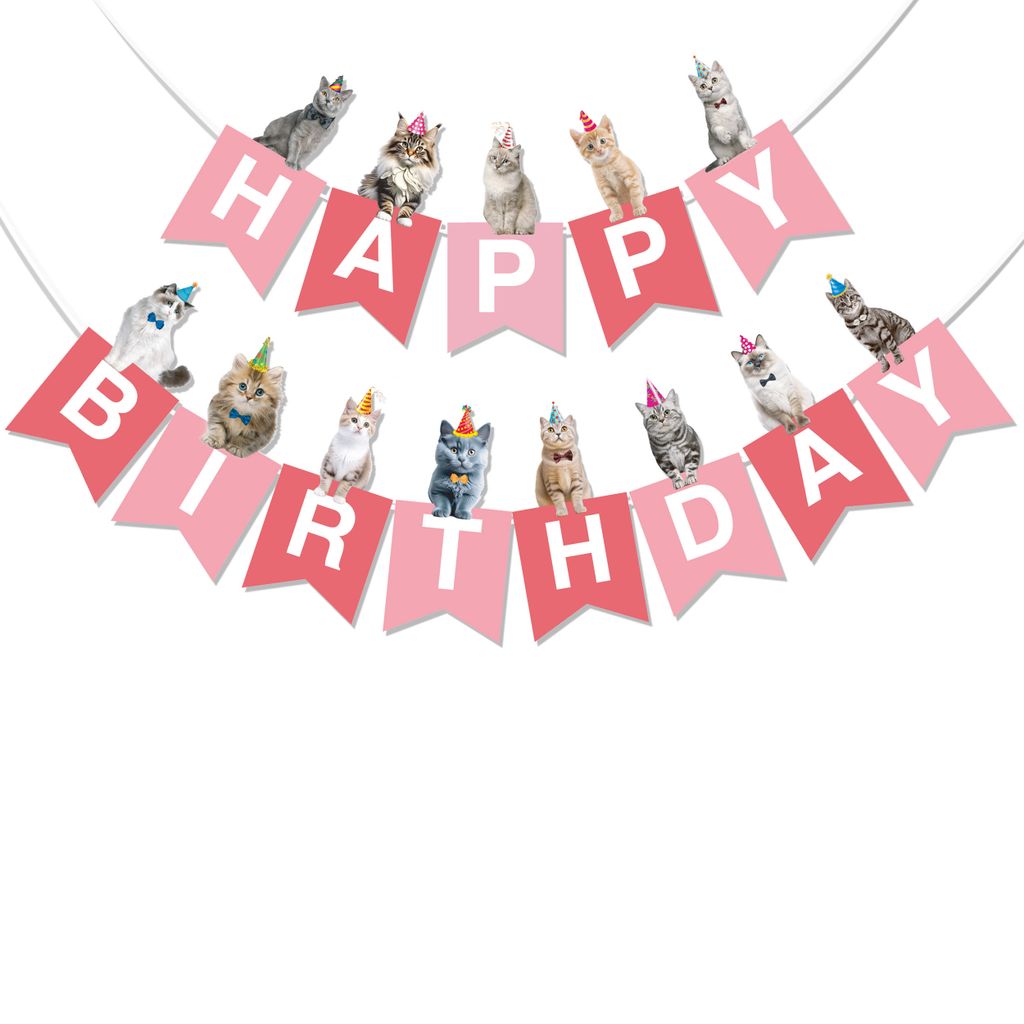 BRUBAKER Happy Birthday Wimpelkette mit Katzen - Geburtstag Deko Banner - Geburtstagsgirlande Dekoration für Jungen, Mädchen - Geburtstagsdeko, Rosa
