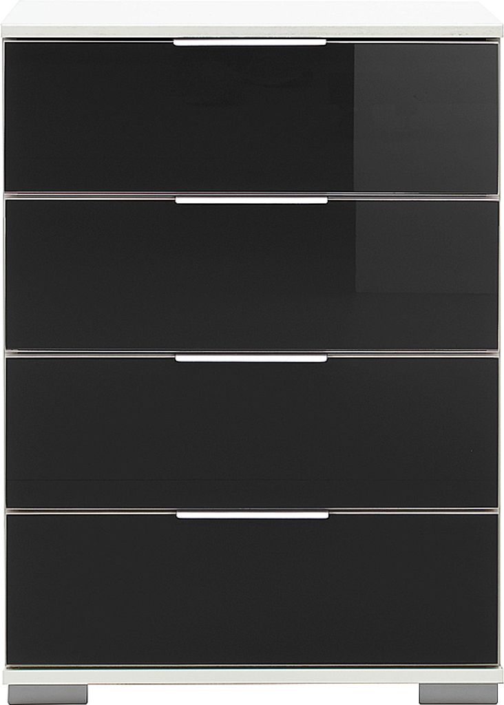 Schlafzimmer Nachttisch Nachtschrank, auch für Boxspringbett geeignet, in weiß mit schwarzem Glas ELSTRA-43, B/H/T ca. 52/74/38 cm