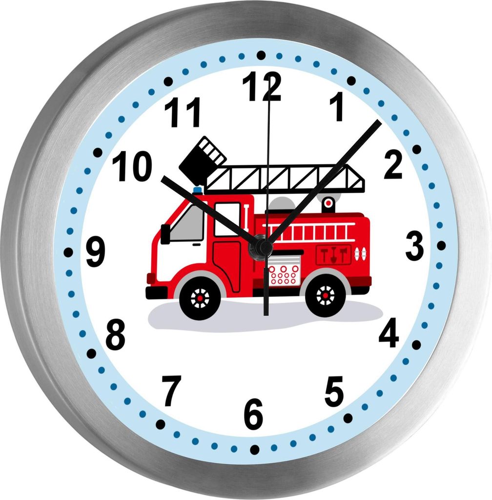 Funkuhr, Kinder Wanduhr, Kinderuhr, Kinderzimmer Feuerwehr Drehleiter