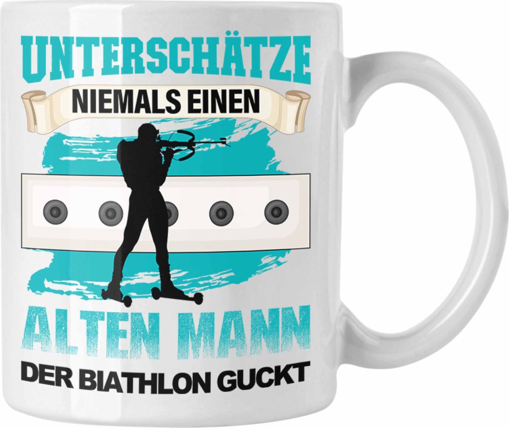 Trendation - Biathlon Tasse "Unterschätze Niemals einen Alten Mann, der Biathlon guckt" Geschenk für Biathlon-Fans (Weiß)