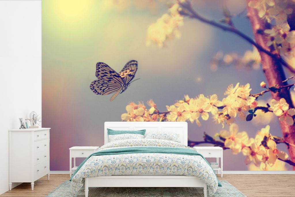 MuchoWow Fototapete für Wohnzimmer oder Schlafzimmer Wandtapete Vinyl Motivtapete Schmetterlinge - Blüte - Zweig - Baum - 600x400 cm - Vinyltap...