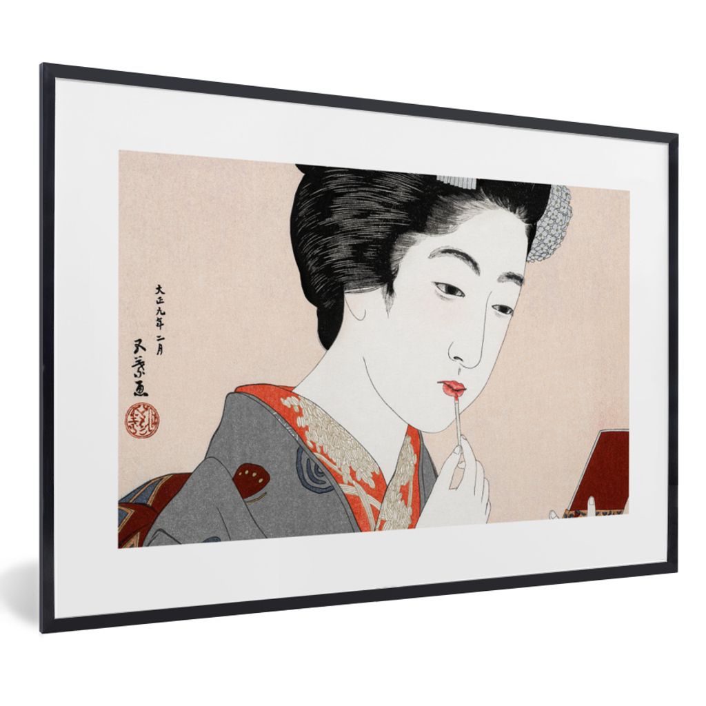 MuchoWow Gerahmtes Poster Frau - Make-up - Japanisch - Vintage 60x40 cm - Poster mit Schwarzem Bilderrahmen Wandposter Rahmen Foto Bilder - Print...
