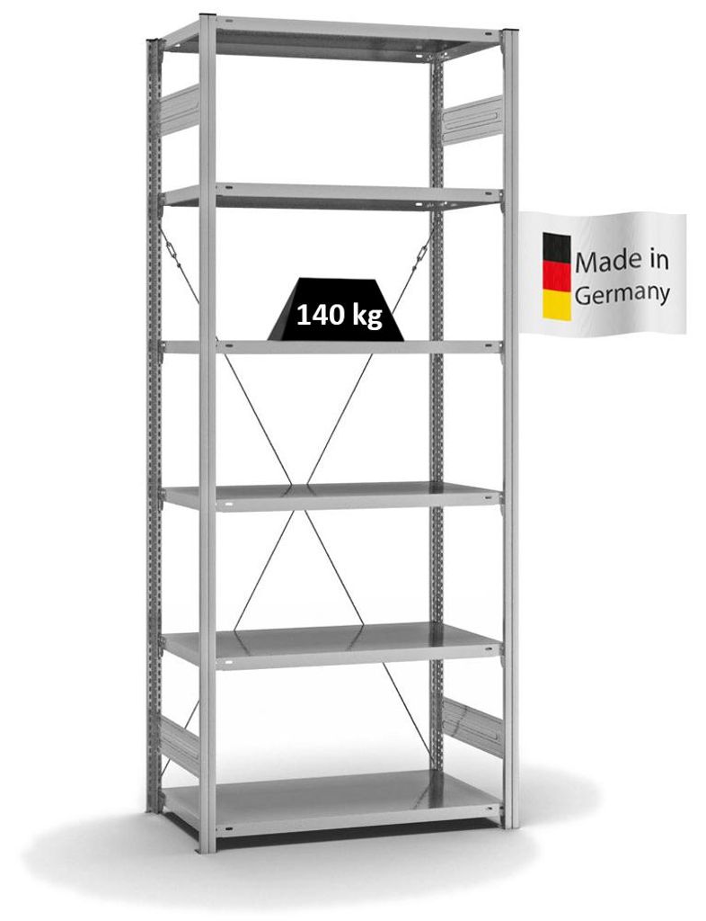 PROREGAL Fachbodenregal Stecksystem MAGNUS Germany | HxBxT 250x100x50cm | 6 Ebenen | Fachlast 140 kg | Einseitig nutzbar | Verzinkt