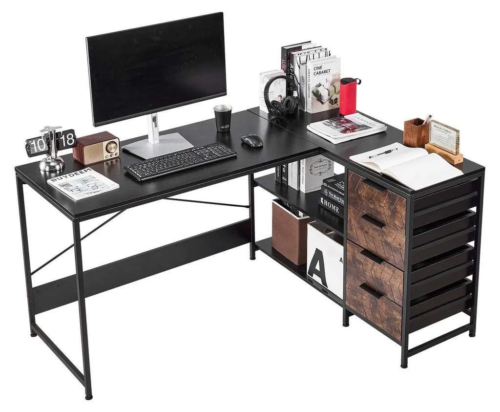 Poste de travail d'angle moderne 1,5m bureau PC avec étagères et tiroir