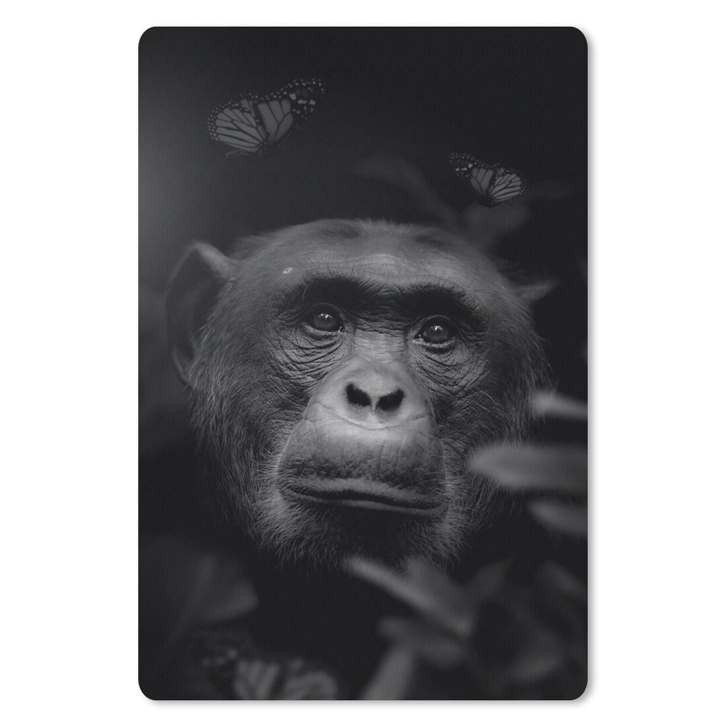 MuchoWow Mauspad Mousepad Porträt eines Affen mit Schmetterlingen im Dschungel - schwarz und weiß 40x60 cm - Mousepads - Maus Mat - Pad - Mausu...