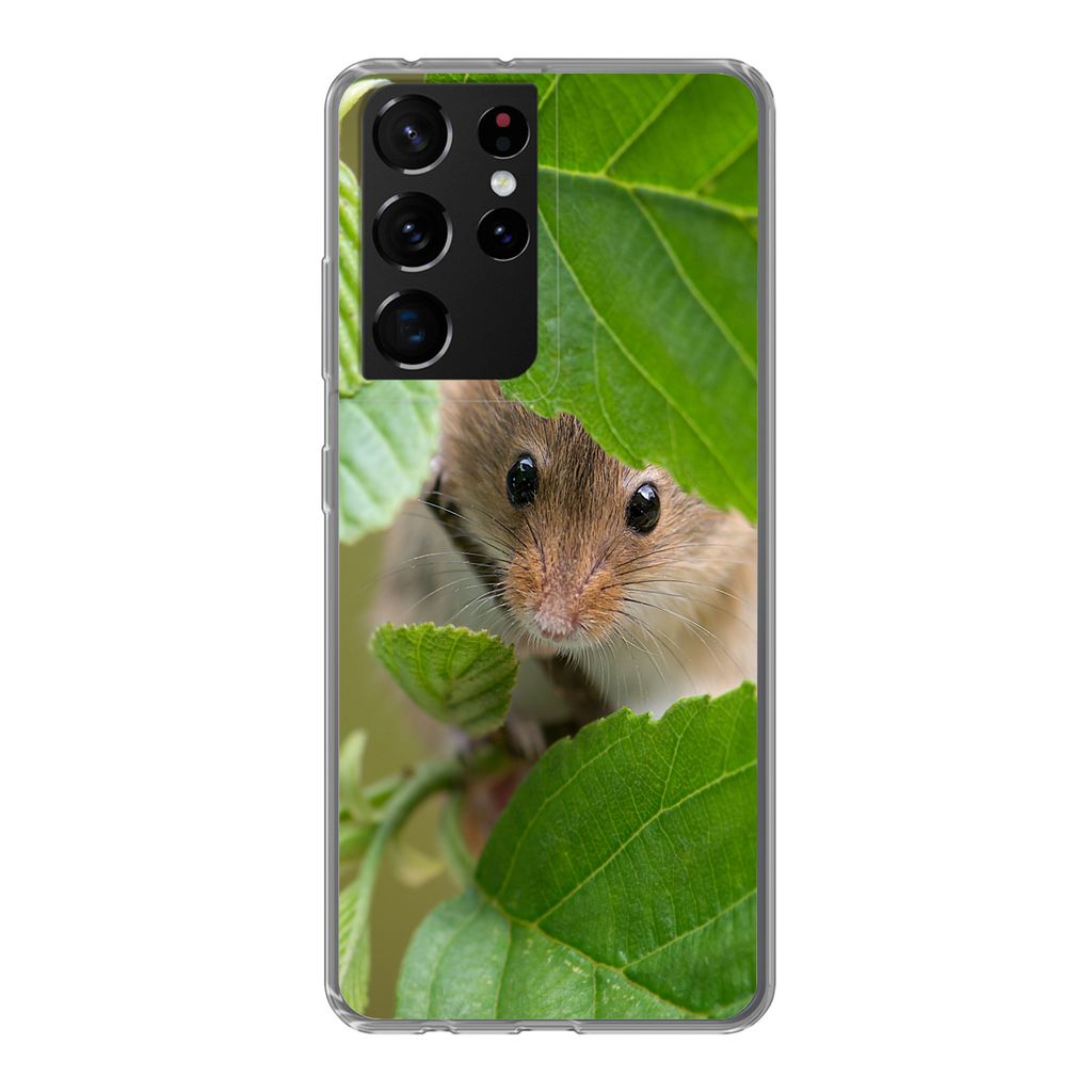 MuchoWow Handyhülle Schutzhülle Hülle für Samsung Galaxy S21 Ultra Zwergmaus - Jungtiere - Blätter Silikon Softcase Handy Hülle - Mobiltelefon