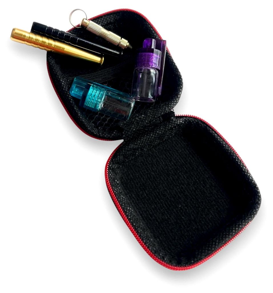 EDLES kleines für die Handtasche Hard Case Schnupftabak Schnupfset Deluxe in schwarzem Case mit zwei Röhrchen, zwei Dosieren und kleinem Löffel ...