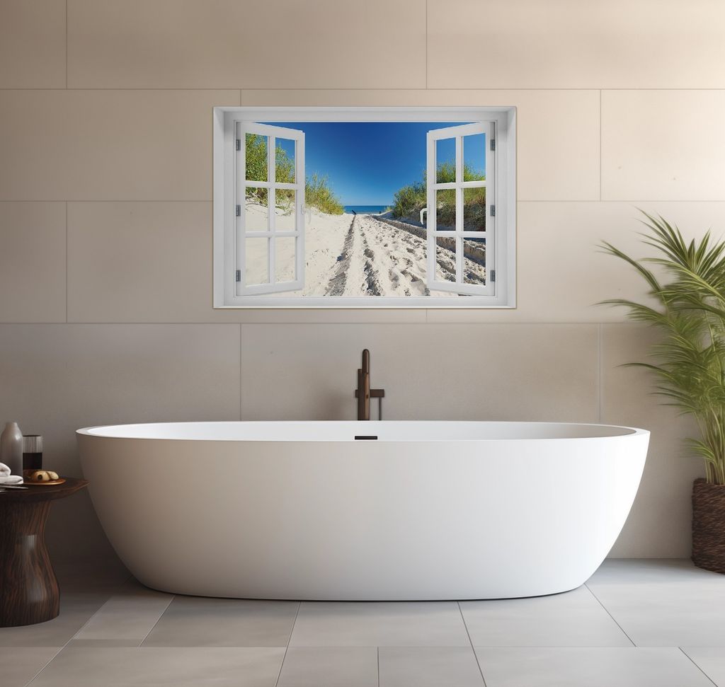 Wallario wasserfestes Poster selbstklebend 91,50 x 61 cm, Auf dem Sandweg zum Strand - Blauer Himmel über dem Meer, Badezimmerposter Spritzschutz ...