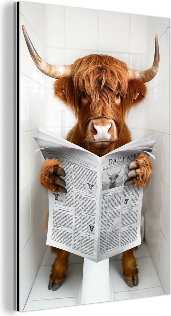 MuchoWow Wanddekoration Metall Metallbild Wandkunst 60x90 cm Schottisches Hochlandrind - Tier - Zeitung - Toilette MuchoWow Aluminium Gemälde - Wa...