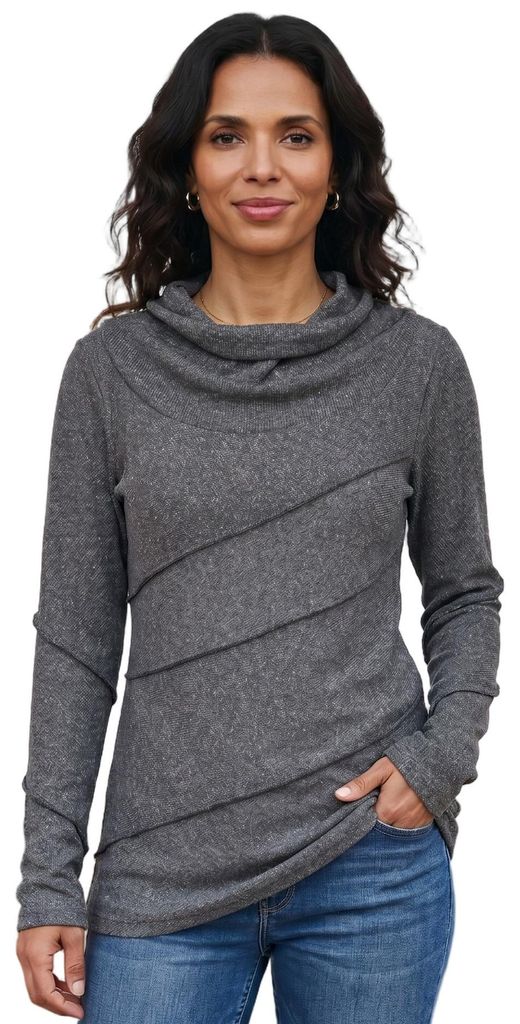 Psytrance Feinstrick Shirt, Pullover Langarmshirt mit Overlock - Grau, Damen, Baumwolle, Größe: L