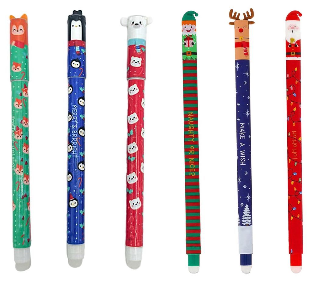 Radierbare Stifte im Weihnachtsdesign mit Weihnachtsmann, Rentier und Elfen. Schreibt sanft. Schrein für Schüler und Lehrer.