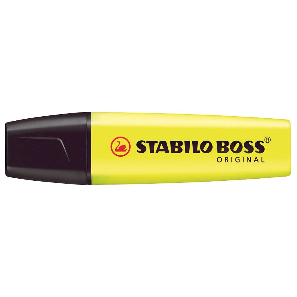 A yellow STABILO BOSS ORIGINAL highlighter pen on a white background.