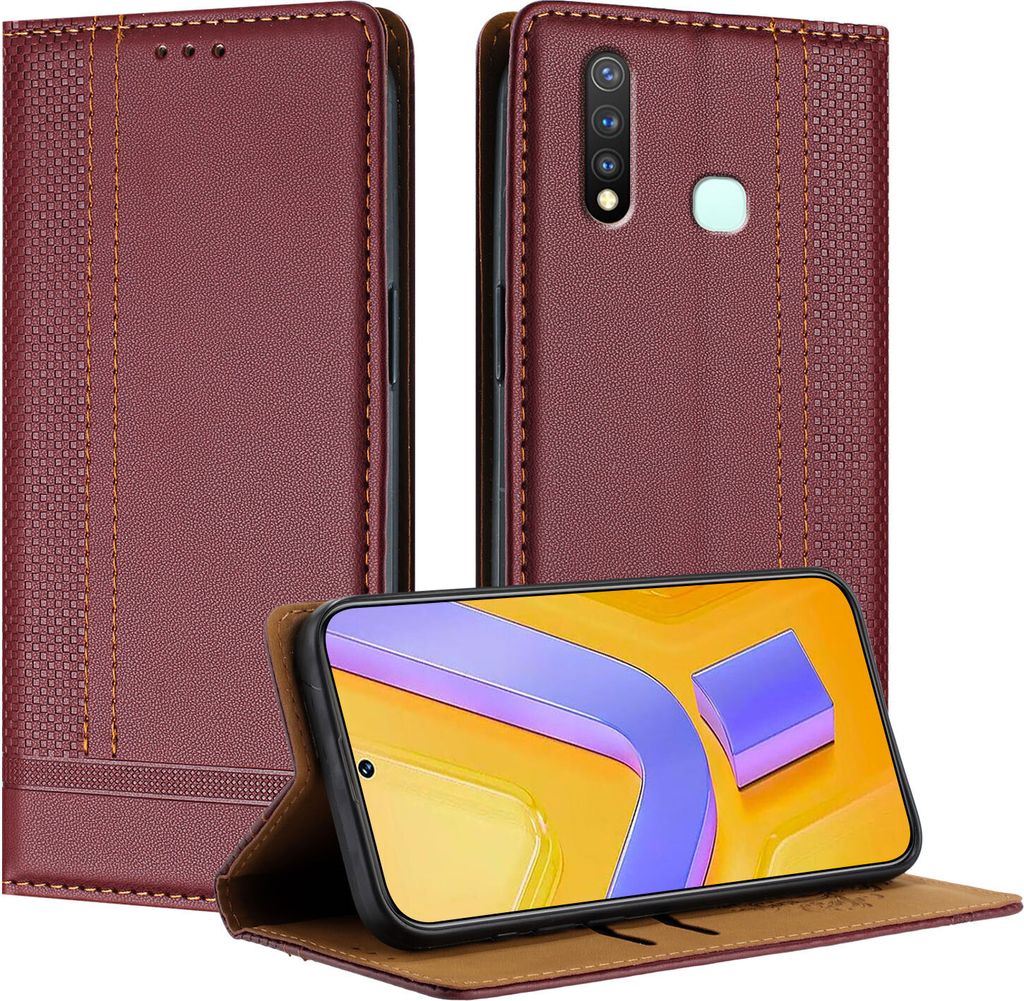 Handyhülle für Vivo Y19 Leder Flip Klappbare Schutzhülle mit Standfunktion Dunkelrot