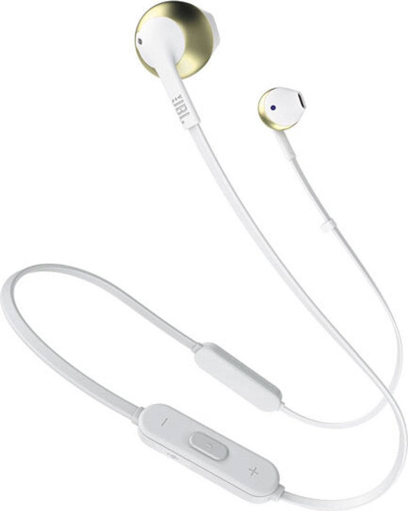 A pair of white and gold JBL wireless earbuds with a control unit.
