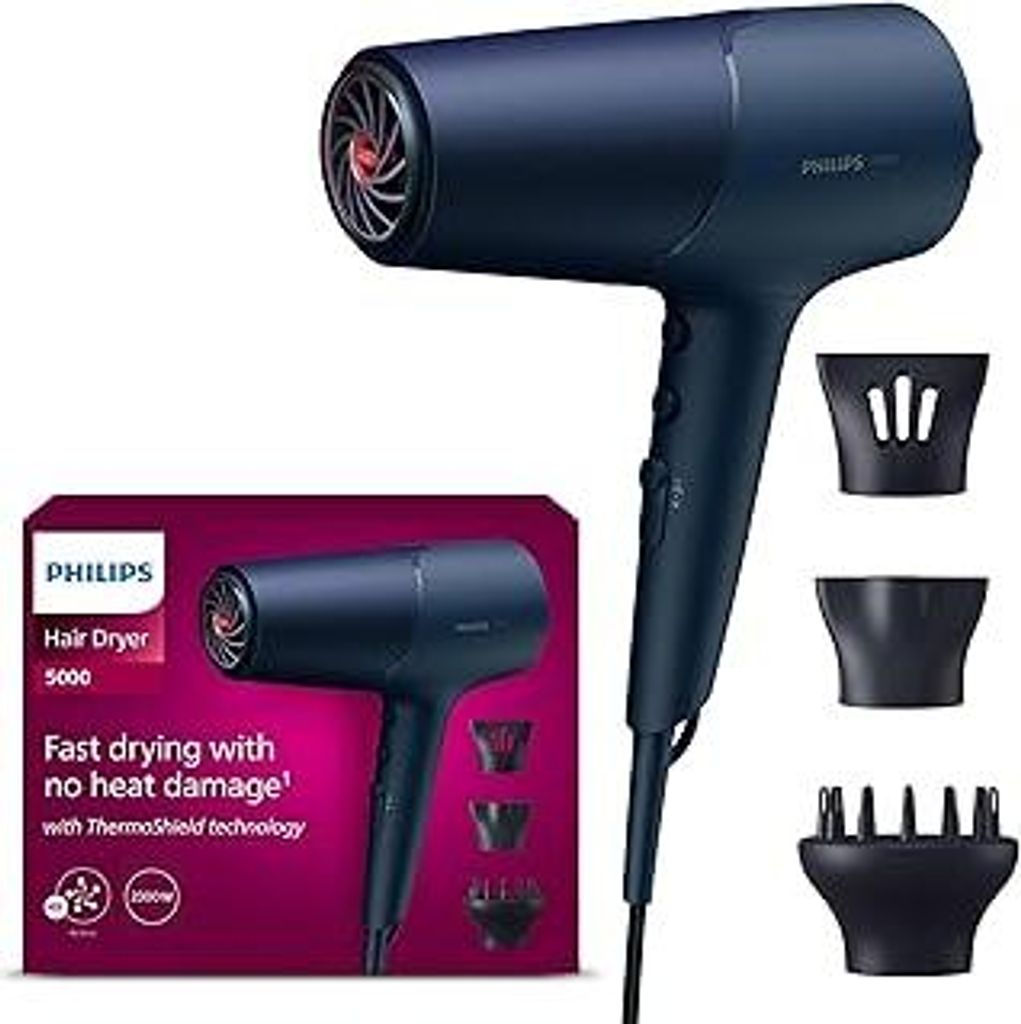 Philips Haartrockner 5000 Series, ThermoShield Technologie, Ionisierungsfunktion, 2.300 W, Metallic-Blau, mit 9-mm- und 11-mm-Stylingdüse, Volumen...