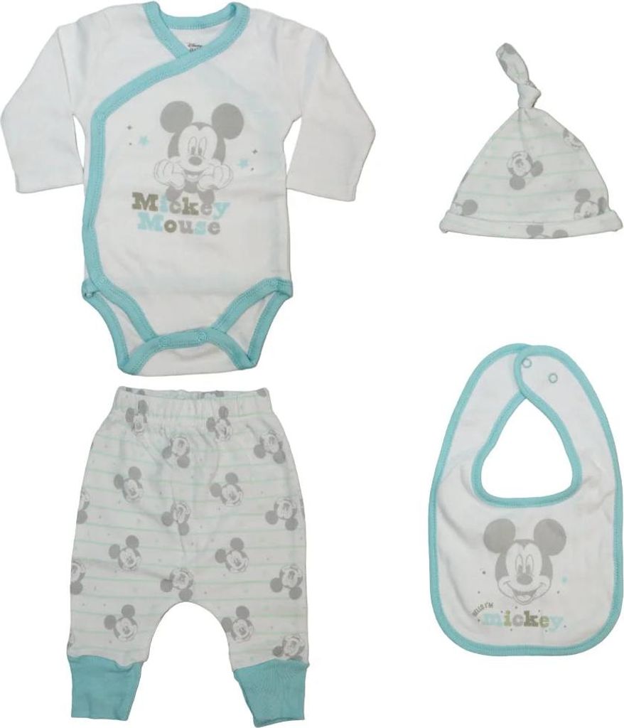 Disney Mickey Maus Baby 4 tlg Set Body Hose Lätzchen Mütze Produktbild 