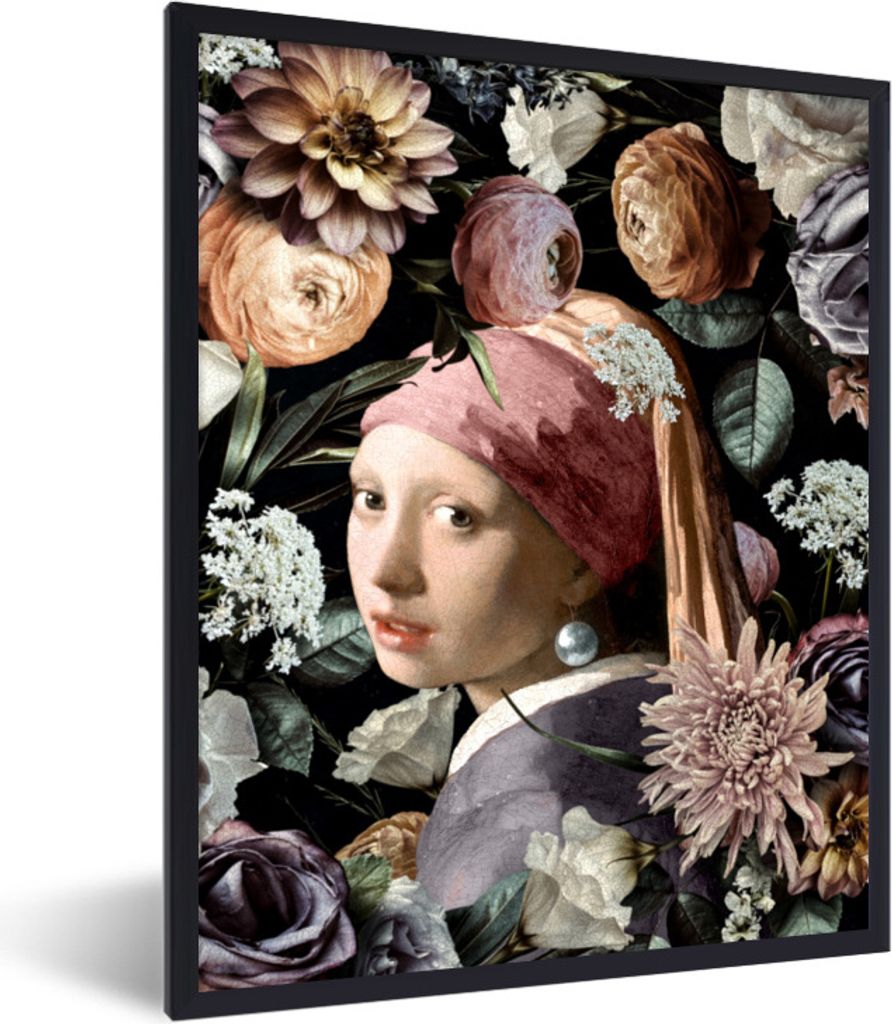 MuchoWow Gerahmtes Poster Mädchen mit Perlenohrring - Blumen - Vermeer - Pastell - Kunstwerk - Gemälde - Alte Meister 60x80 cm - Poster mit Sch...