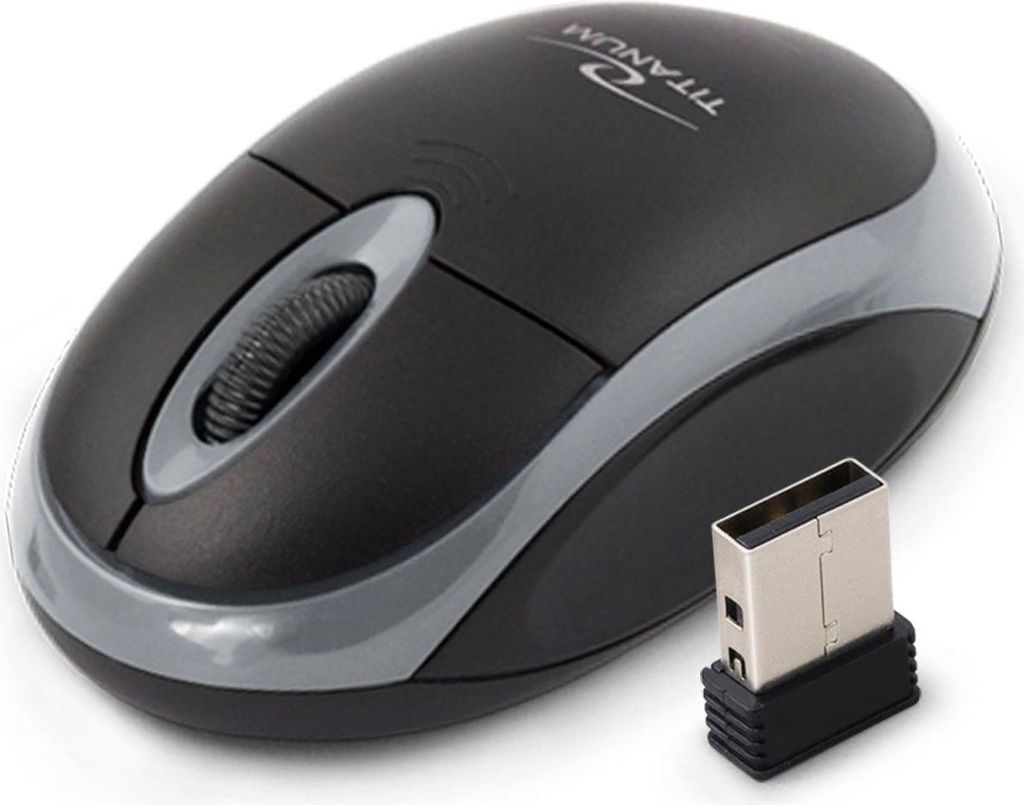 A wireless optical mouse and its USB receiver are shown on a white background.