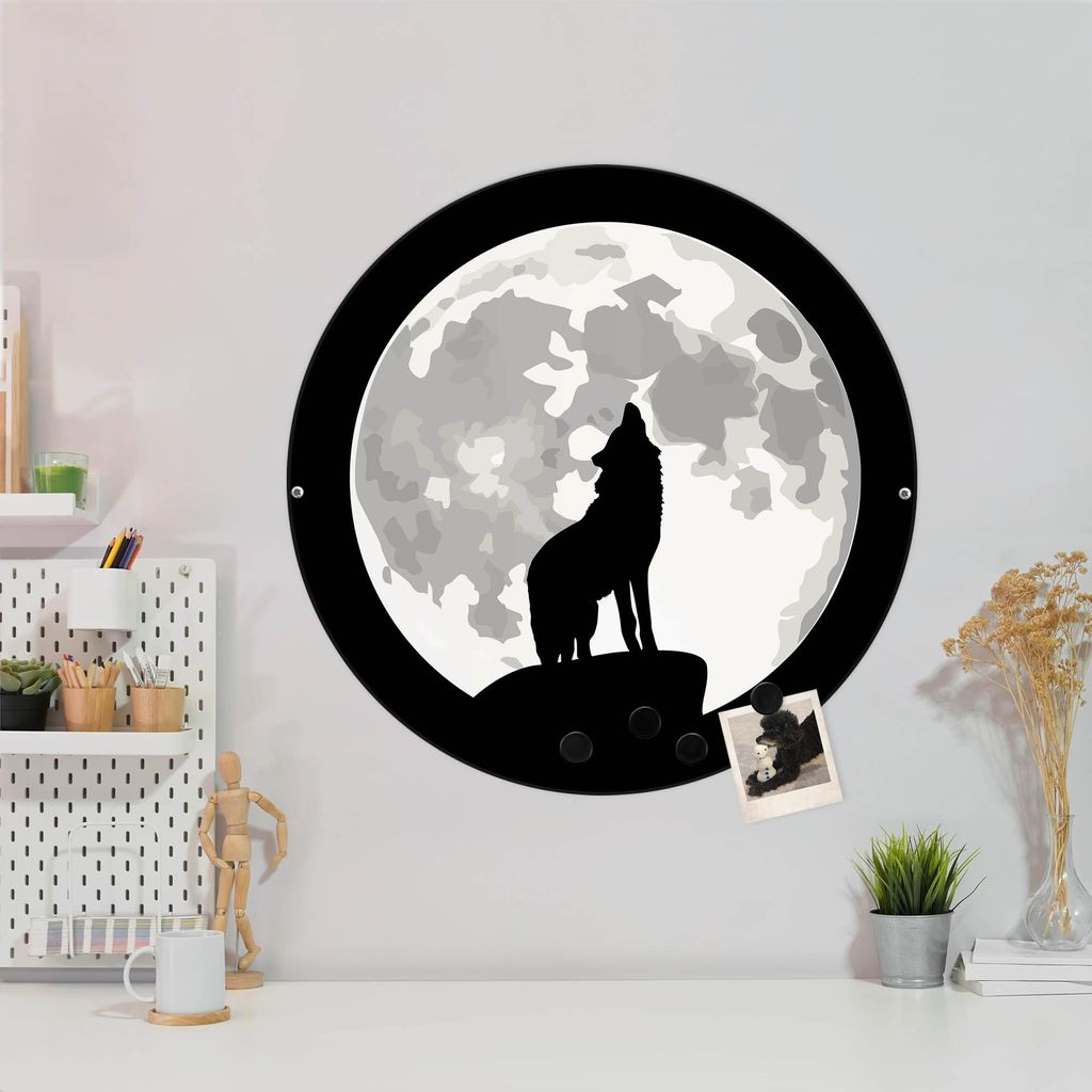Design Stahlmagnettafel Schwarz Rund 47cm Heulender Wolf SW