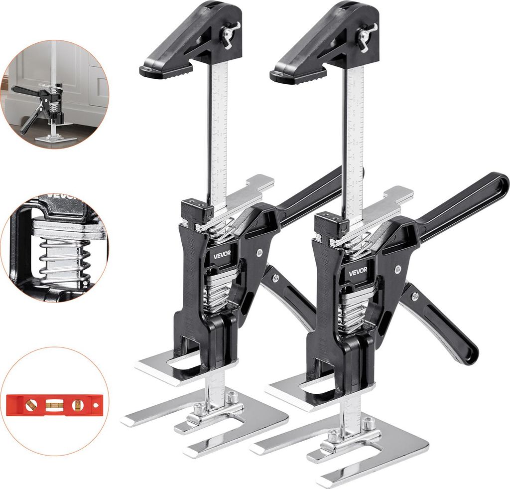 A collage of product images showing two lifting tools and a level, with close-up views of the tool's mechanism and a lifestyle shot of the tool in use.