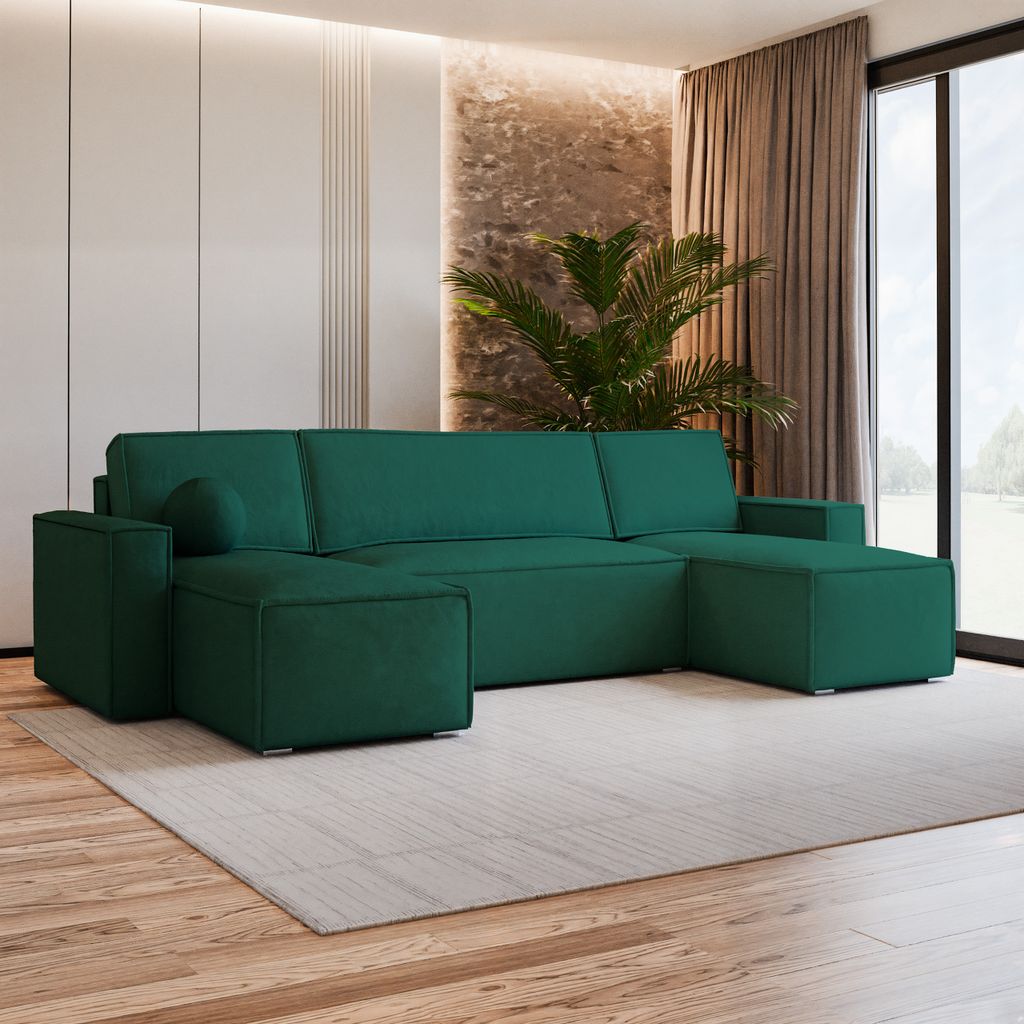 Masseno Ecksofa PESANO M mit Schlaffunktion U-Form, Sofa mit Bettkasten, Wohnzimmersofa, Couch, Soffa, Bettsofa, Couchgarnitur- Grün, MONOLITH 37