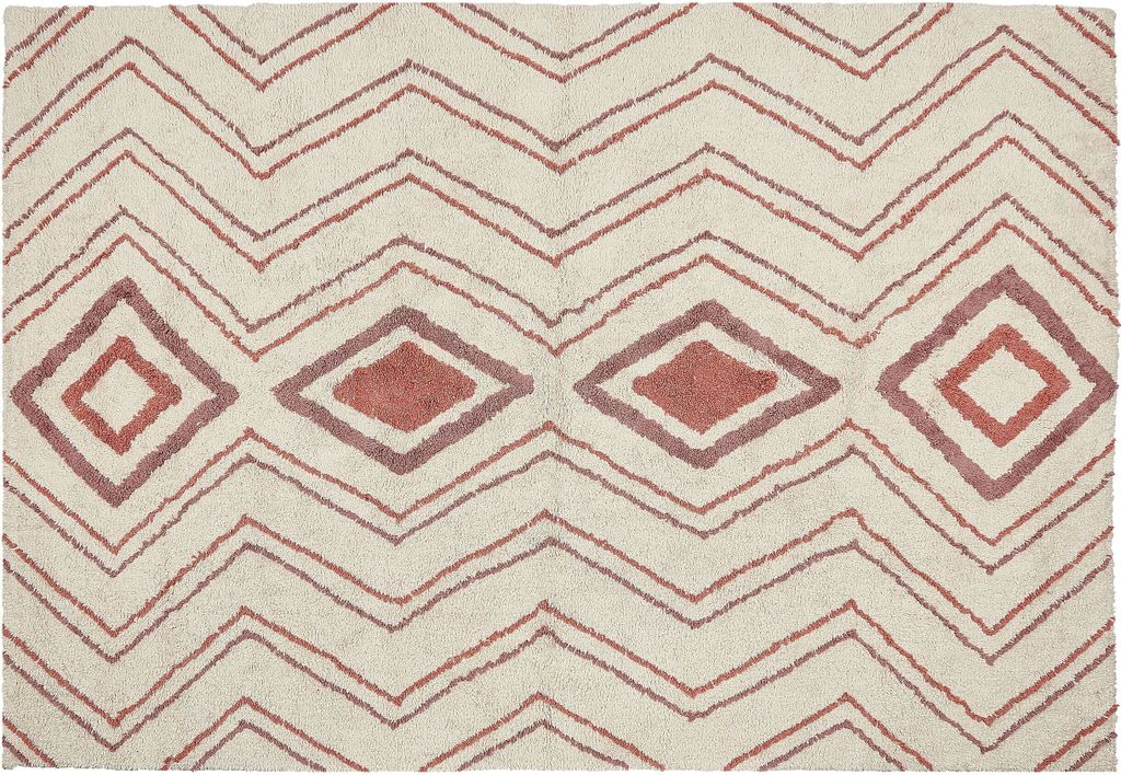 BELIANI Teppich Beige Baumwolle 140 x 200 cm Rechteckig Geometrisches Muster Rosa Rot Boho Stil Handgetuftet für Wohnzimmer Schlafzimmer Flur