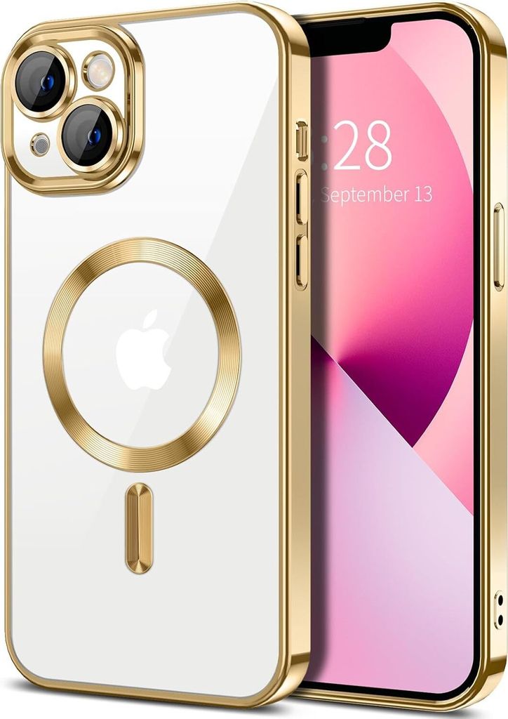 Magnetische Klar Hülle für iPhone 13, Kompatibel mit MagSafe, Elektroplattiert Handyhülle mit Kameraschutz Gold