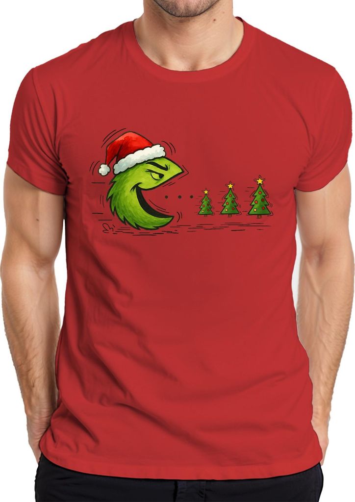 Weihnachtsbaum Fresser Grün frech Weihnachten Geschenk Retro Herren T-Shirt, Rot, 3XL