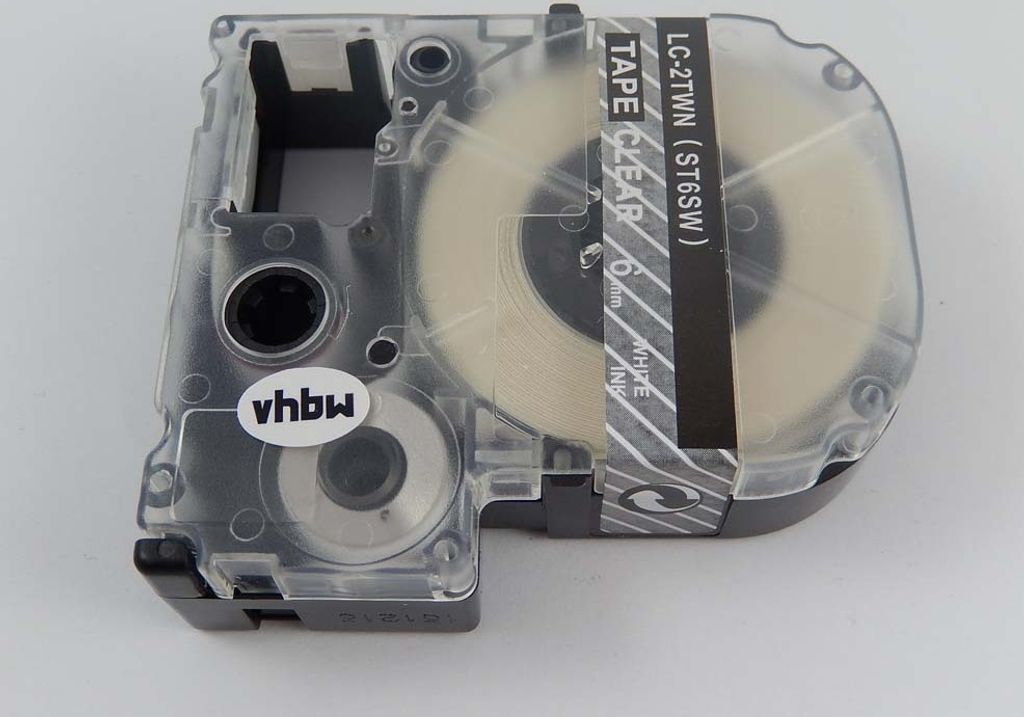 vhbw Schriftband-Kassette kompatibel mit KingJim SR150, SR3700P, SR330, SR300TF, SR180, SR230C Etiketten-Drucker 8m x 6mm Weiß auf Transparent