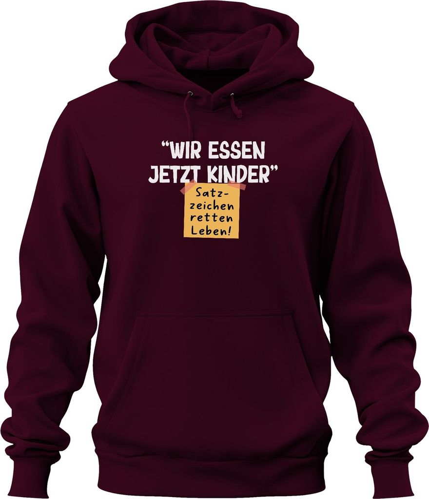 Wir essen jetzt Kinder Satzzeichen retten Leben Grammatik Witz Uni Hoodie Kapuzenpullover, Burgundy, XXL