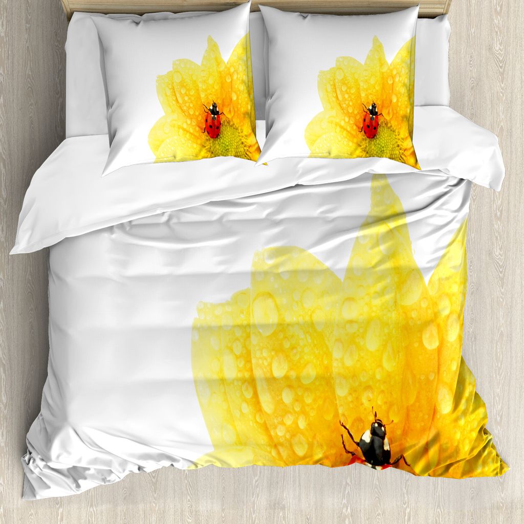ABAKUHAUS Gelbe Blume Bettbezug, Marienkäfer, Milbensicher Allergiker geeignet mit Kissenbezügen, 200 cm x 200 cm - 80 x 80 cm, Yellow Vermilion